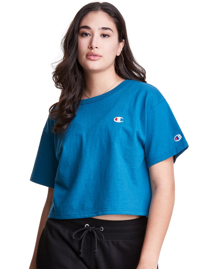 Champion T-Shirt Dames - Blauw - Heritage Cropped C Logo ( 183460-AUL )